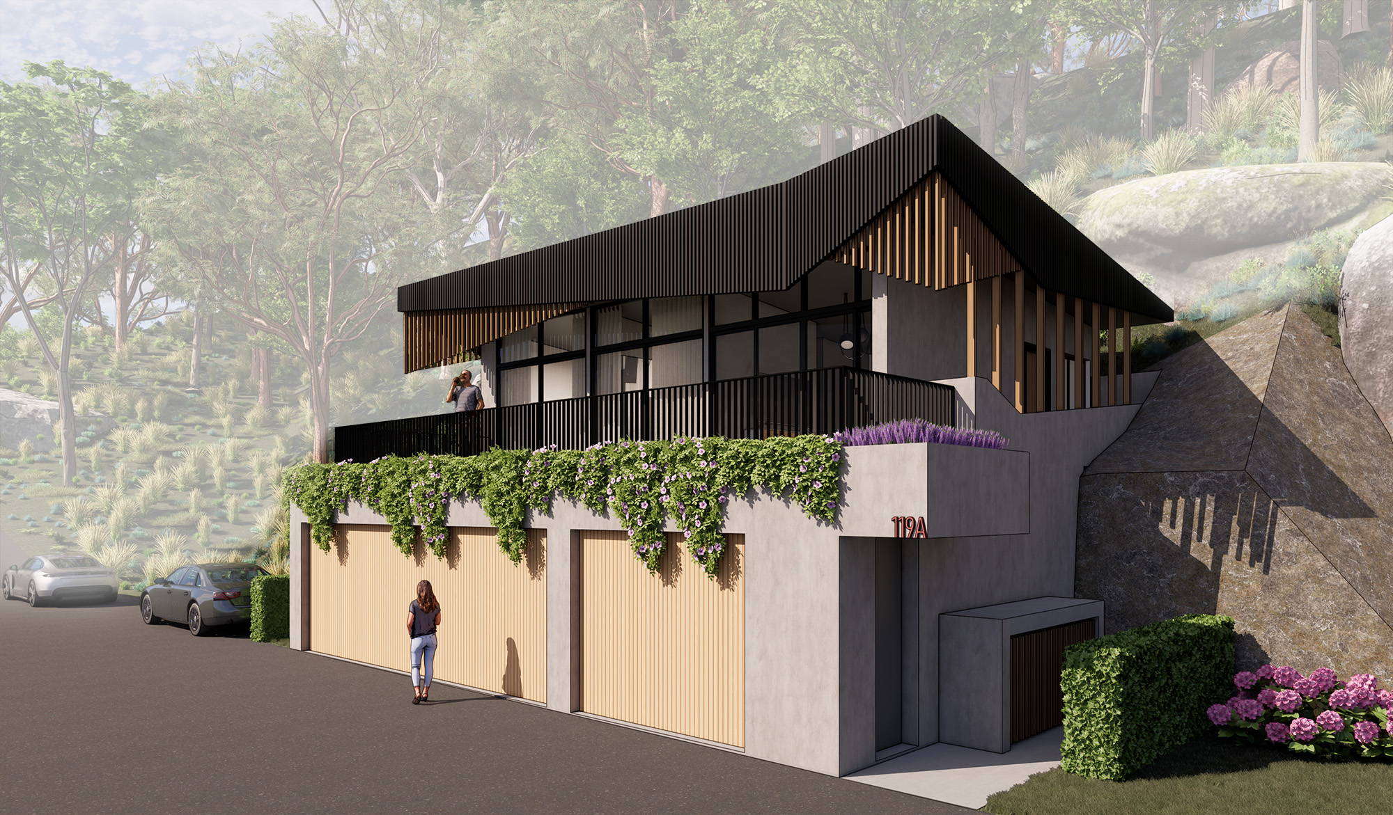 Angled render of a new dwelling on a steep bushland block in Illawong, black timber-batten roofline, concrete garage level and dense native planting