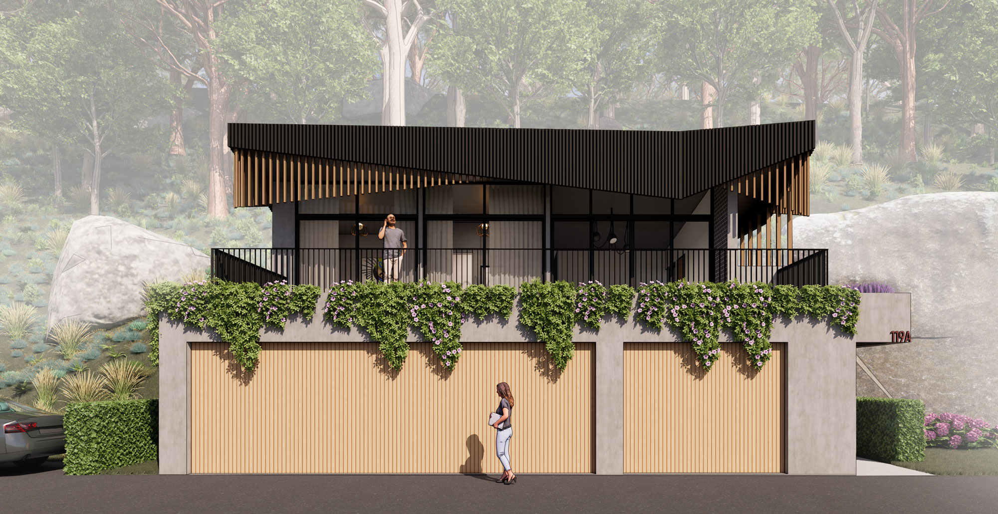 Front elevation render of the Illawong dwelling showing the black batten roof, glazed upper living level and twin timber garage doors below