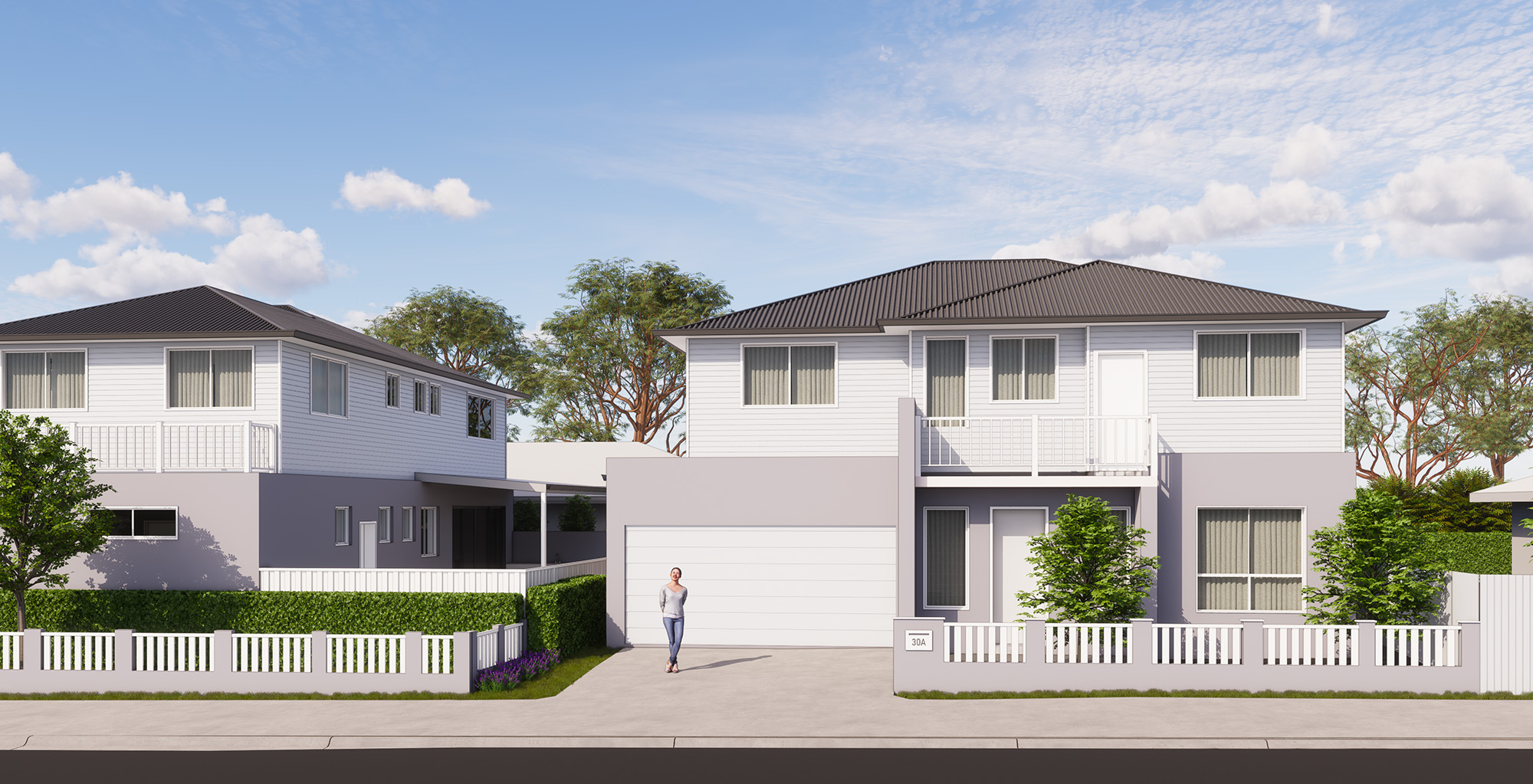 Street view render of both detached dwellings side by side on the Lidcombe corner block, each with its own driveway and garage