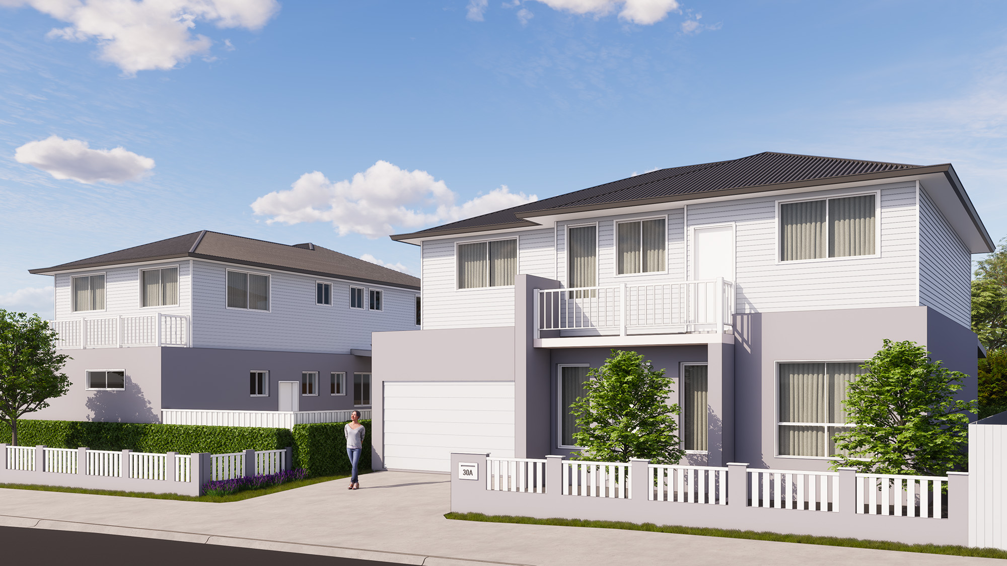 Angled render of the rear dwelling of the Lidcombe detached dual occupancy showing its separate street entry and weatherboard cladding