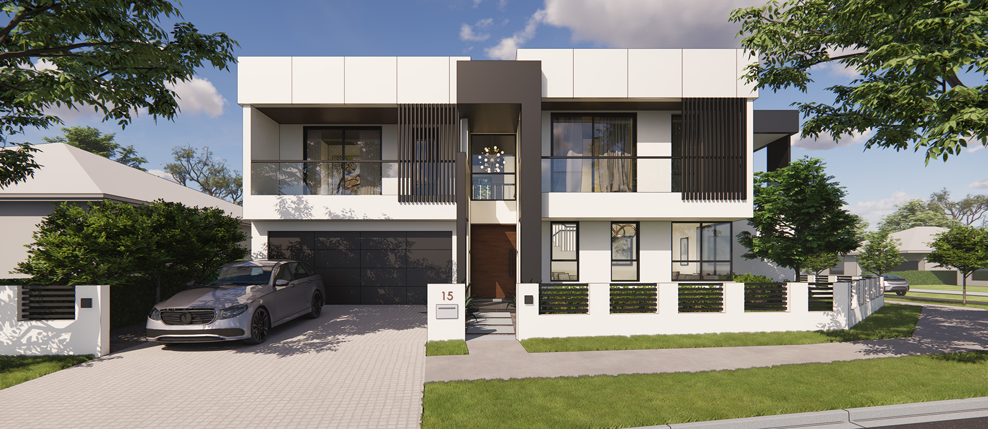 Front elevation render of the Edmondson Park two storey dwelling, white and dark-batten facade with double garage and feature entry door