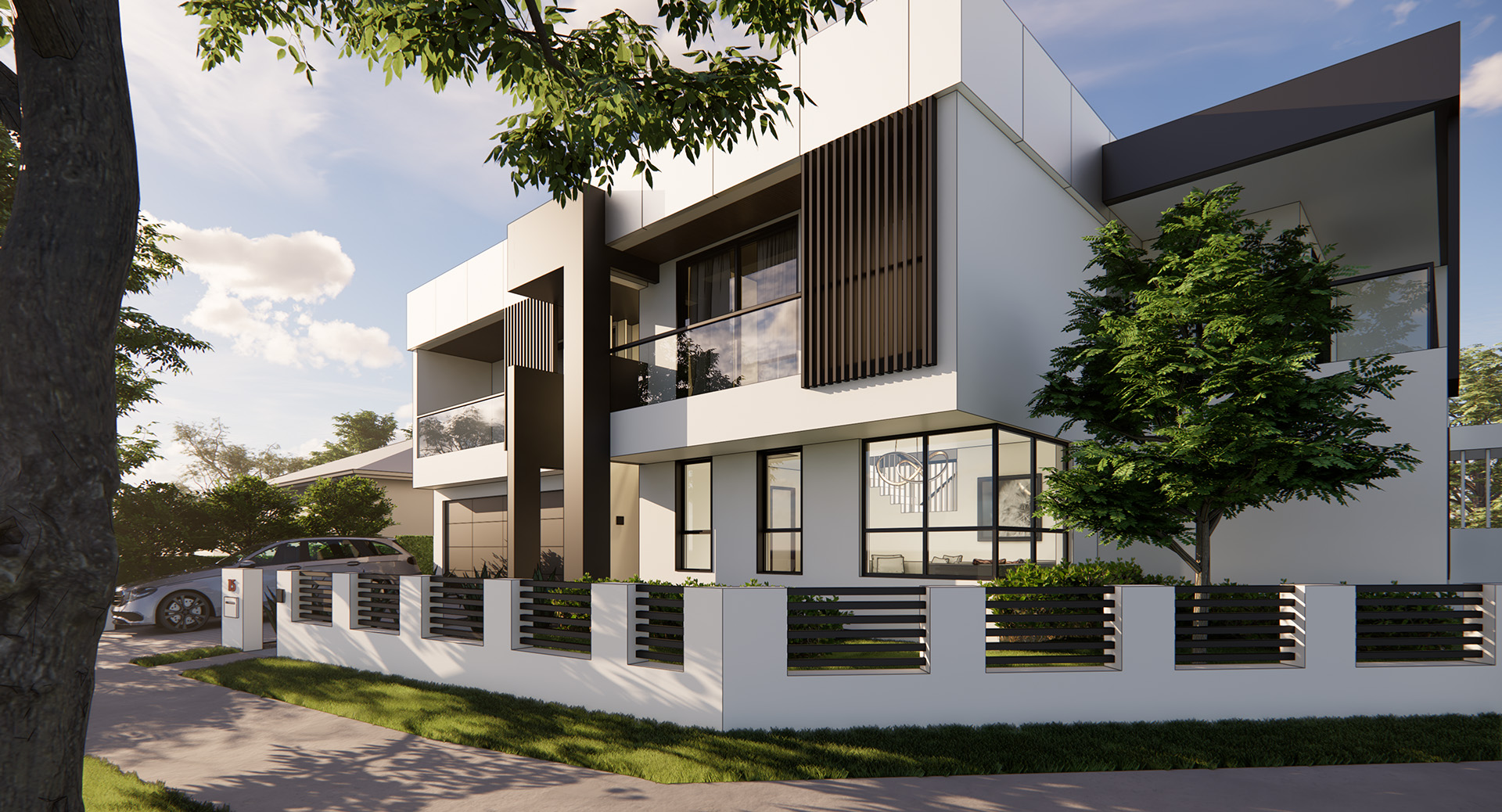 Angled render of the Edmondson Park dwelling showing the timber-batten balcony screening and street boundary fence