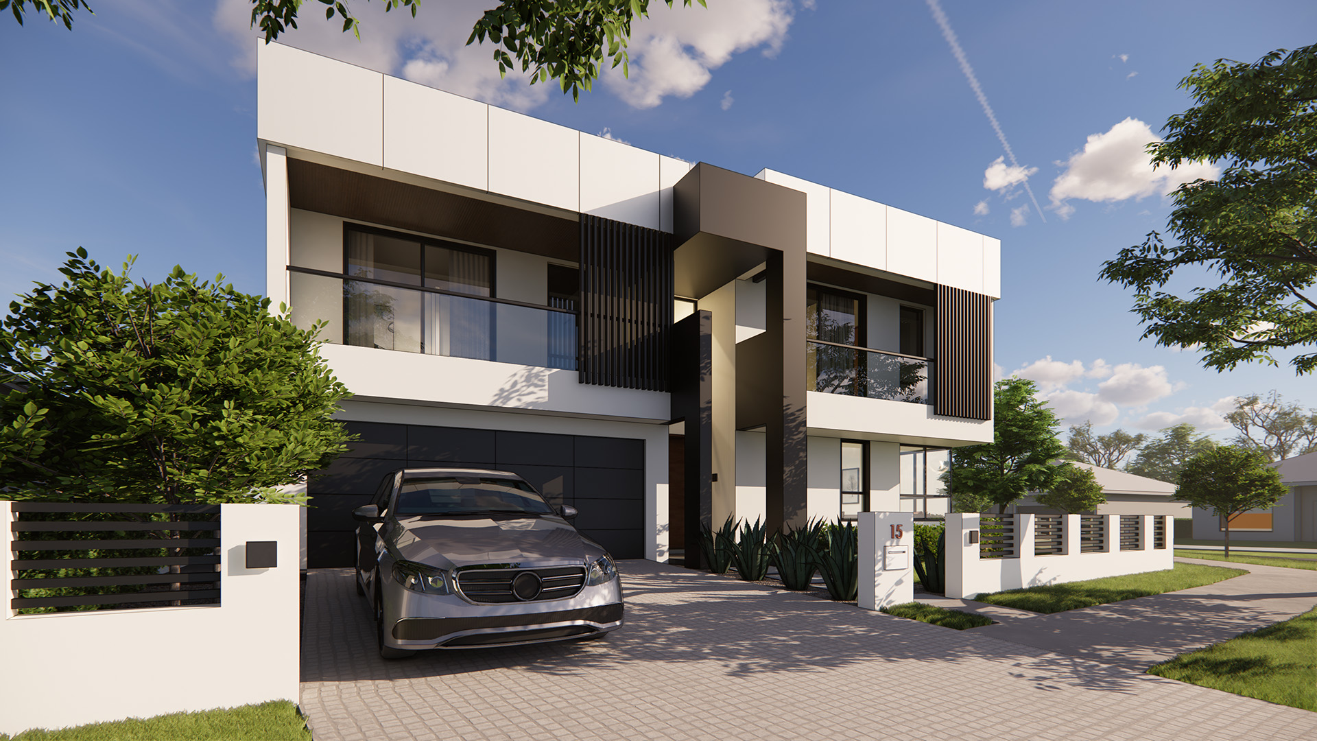 Street view render of the completed Edmondson Park dwelling with paved driveway and landscaped entry